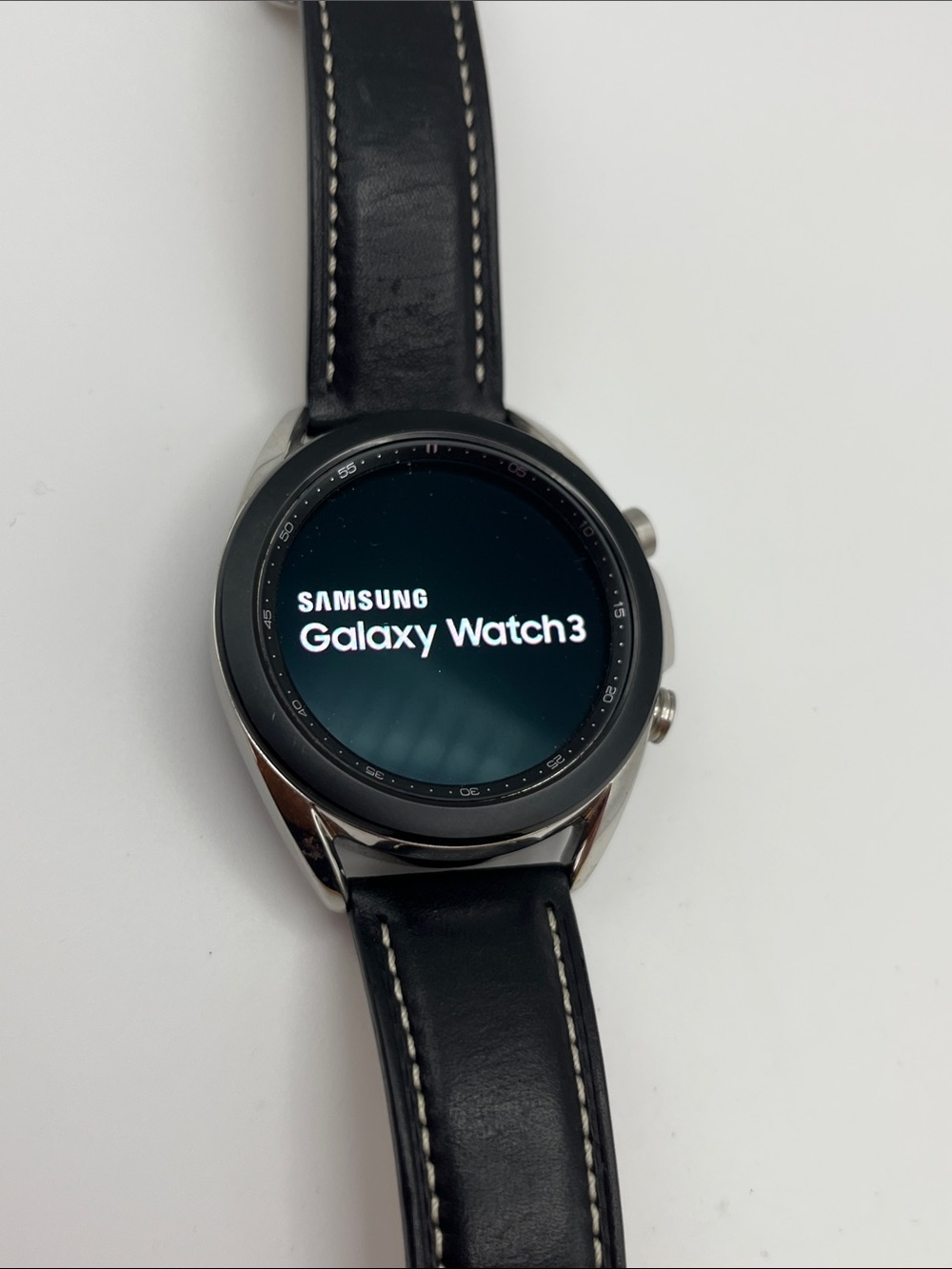 Samsung Galaxy Watch3 Silver Case with Black Leather Band